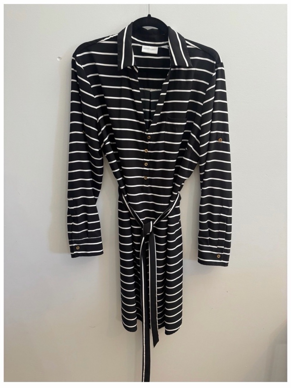 New York & Company Black and White Striped Long-Sleeve Shirt Dress